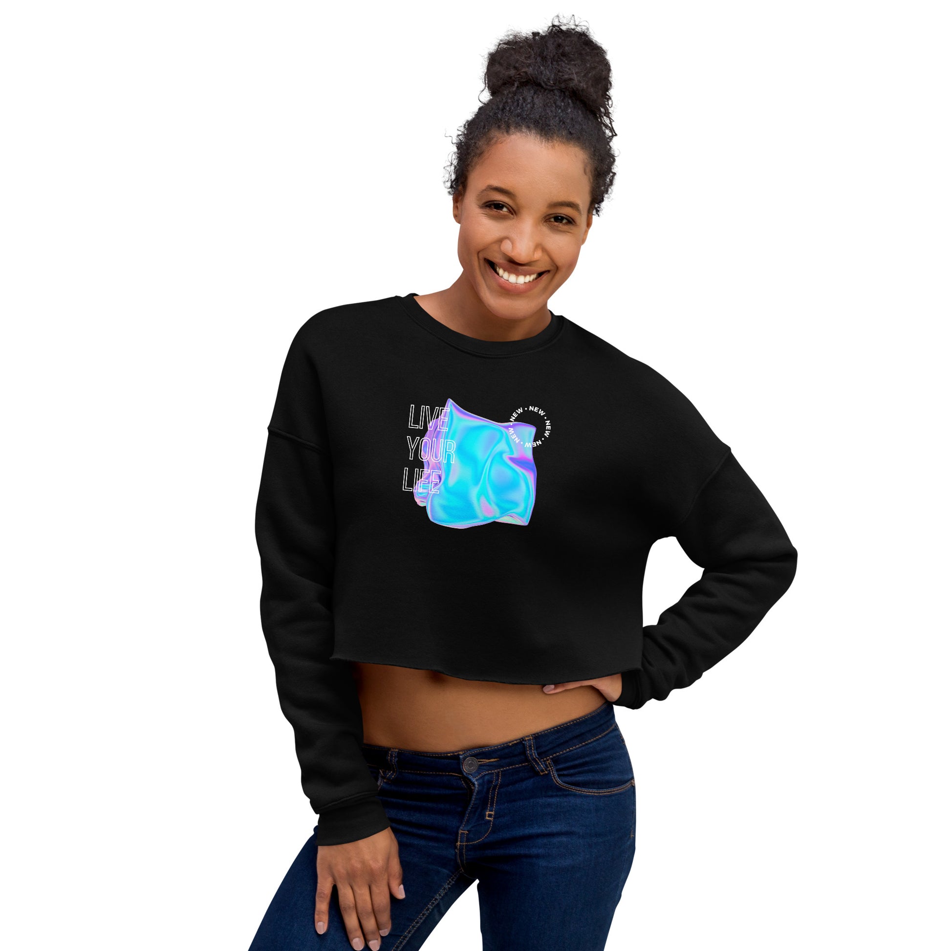 Vivid Existence Live Your Life Women's Crop Sweatshirt - Black - FLAKOUT